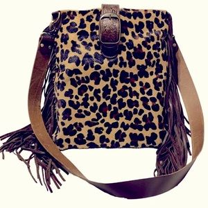 TWO BAR WEST /McFadin Leather-Crossbody Cheetah Print Camel Hair-Fringe Bag NWOT